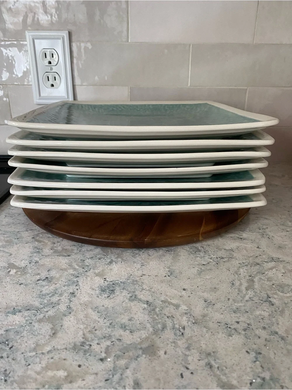 Sango Square Dinner Plates in Aqua and Cream - Set of 7